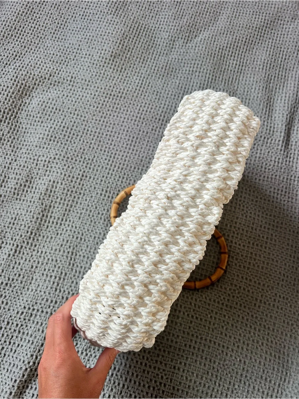 Woven Crochet Tote Bag with Bamboo Handles - White Purse Beach Bag